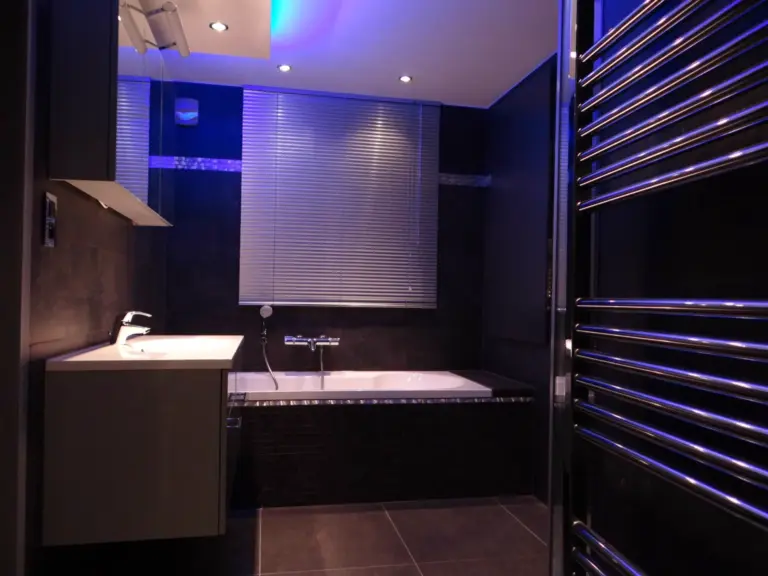 Salle de bains sombre avec baignoire et éclairage LED
