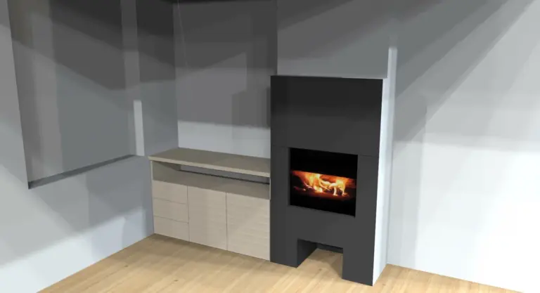 Habillage de cheminée en tôle avec meuble bas