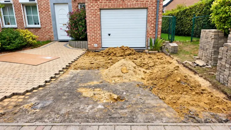 Pavage d'une allée de garage en cours de réalisation